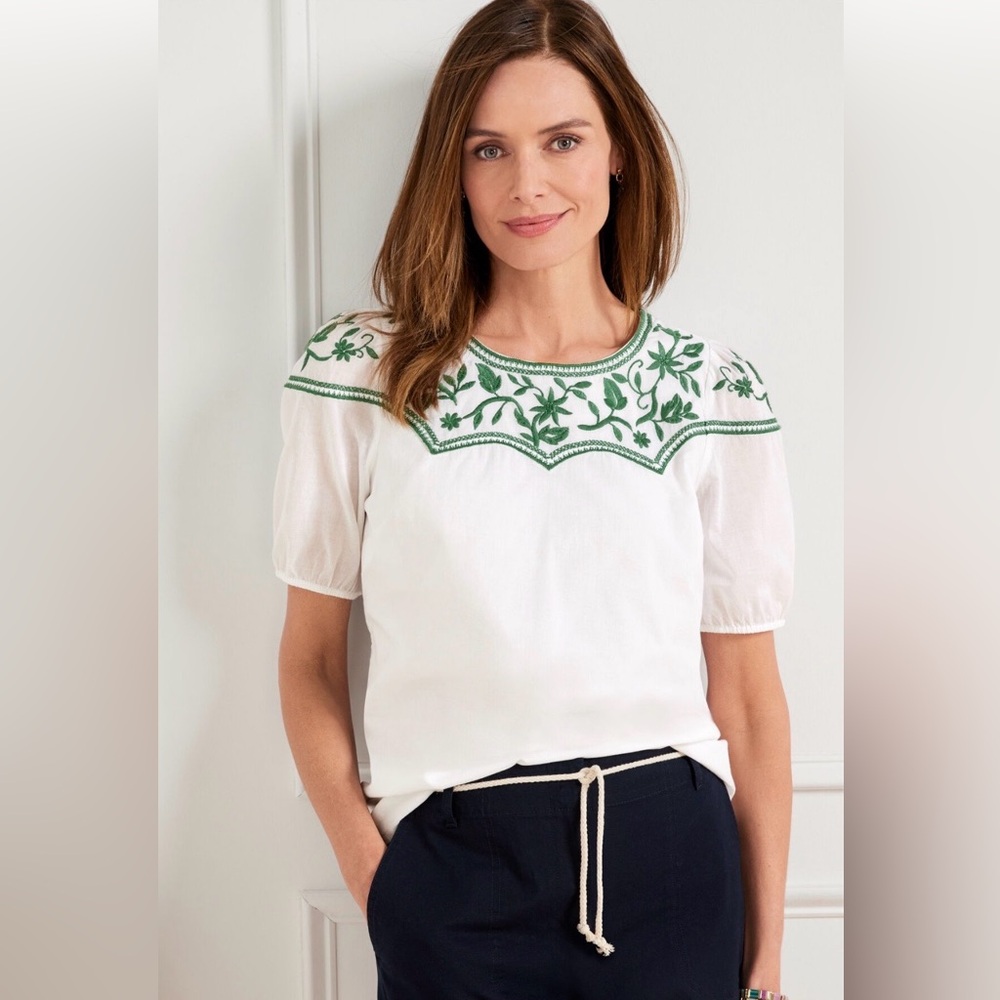Talbots White Blouse with Green Embroidery 100% Cotton!